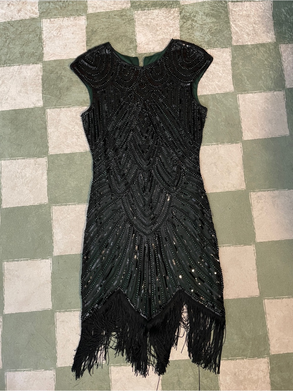 Black & Dark Green Beaded Fringe Flapper Dress